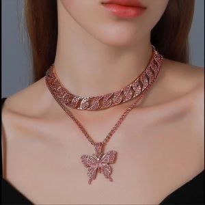 Gold Pink CZ Butterfly Double Cuban Link Statement Necklace Set